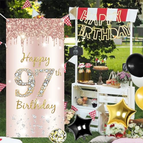 97e verjaardag decoratie vrouwen, Gelukkig 97e verjaardag deur banner roos goud,97e verjaardag stof teken poster deur decoratie,97e verjaardag achtergrond banner dames, verjaardag feest welkom teken 4