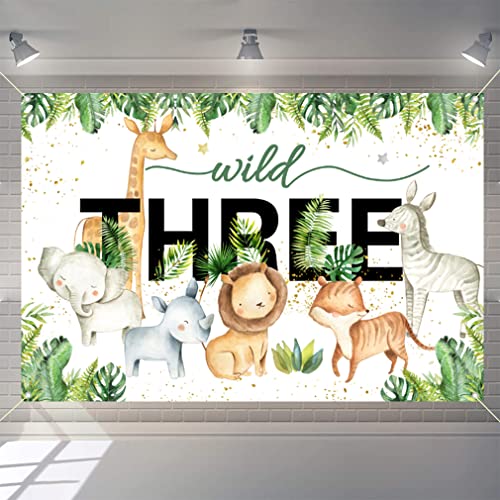 Safari Wild Drie achtergrond Tekenfilm Safari Dier Derde Verjaardag Partij Backdrop Jungle Jongen of Meisje 3e Verjaardag Partij Decoratie Fotografie Achtergrond Verjaardag Poster, 150cm x 90cm
