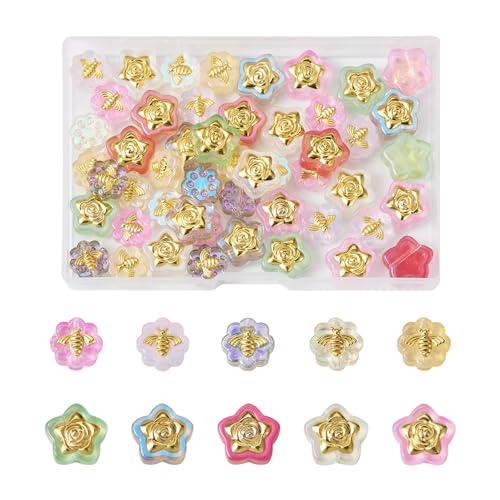 60 st Star & Flower Spray Geschilderde Glazen Kralen Bloem met Bijen Messing Ingelegde Glazen Kralen Star Shape met Glitter Poeder Spacer Kralen voor DIY sieraden maken