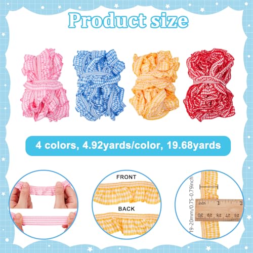 19,69 Yard/18 m Gingham Elastische Trim, 2 cm Brede Gingham Ruche Geplooide Kant Linten Stretchy Geplooide Rand Tremmin voor Kleding Decoratie Naaien Ambacht, 4 Kleuren, 4,92 Yards/4,5 m/Kleur