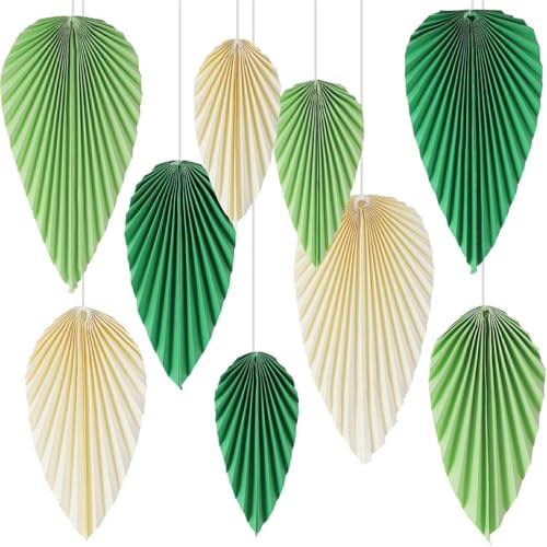 Set van 9 Green Paper Fans - Hang Paper Leaf Garland Decoratie voor verjaardagen, bruiloften, afstuderen en partijen - Feestelijk Groenboek Ventilatordecoraties