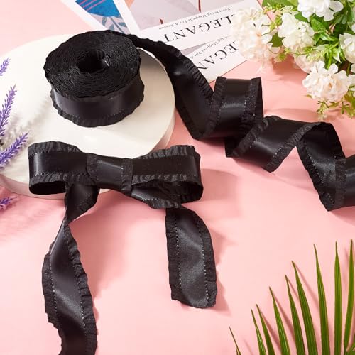 1 Rolls Black Polyester Ruffle Ribbon 1-5/8" x 10 Yd Ruffle Edge Ribbon Thin Ribbon for Wrapping Crafts Present Holiday Party Clothing Making DIY Supplies Decoraties