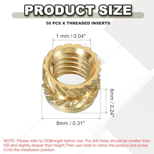 Thread Inserts M6 x 6 x 8 mm, 50 stuks Messing Verwarming Inserts, vrouwelijke draad Inserts, Metric Knurled Nut, Inbedding Nut voor Plastic en 3D Printing Components, Goud