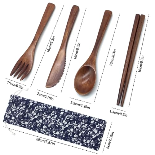 Houten bestek Set voor kinderen, 4-Piece Herbruikbare en draagbare houten tafel Bestek met 1 Lepel, 1 vork, 1 Baguette, 1 mes en zak 3
