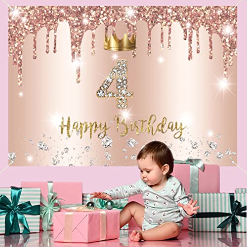 4e verjaardag meisje decoratie, vierde verjaardag Banner Rose Gold, gelukkig 4e Verjaardag Stof Teken poster 4e verjaardag achtergrond Banner Meisje verjaardag partij decoratie 3