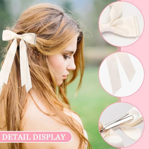 4 Stuks Hair Bows voor vrouwen, Silky Satin Hair Bows, Hair Clip met Bow, Metalen Clips met Long Ribbon, Franse lange staart boog voor meisjes en vrouwen, Vintage 3