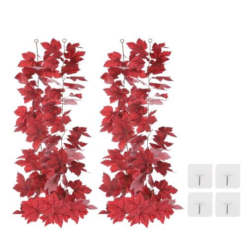 Herfst Garlands 6" / stuk, 2st Kunstmatige herfst Garlands Maple Leaves Garland Hangen Vines blad decoratie voor thuis bruiloft open haard partij, rood