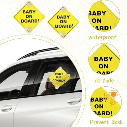 2 st. Baby aan boord van de auto waarschuwingsborden, Baby aan boord Stickers Auto met 2 Zuigbekers, Baby aan boord Sticker Car, 12 x 12cm veiligheidsauto Teken, Kinderen Auto Teken, voor Auto Windows, Herbruikbaar 3