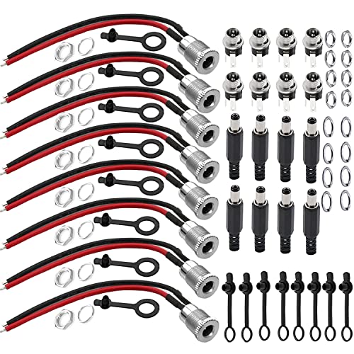 DC Hollow Plug 5.5mm x 2.1mm Mount Adapter set, 8 x DCPower Jack Socket Low Spanning Connector (met kabel) 8 x Hollow Plug 5.5 x 2.1, 8 x DC Montage Connector, 16x Rubber