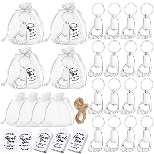 Baby Douche Flesopener, 24 Sets Baby voetafdruk Keychain Party Supplies met Organza Tassen Bedankt Labels Touw voor Baby Douche Party