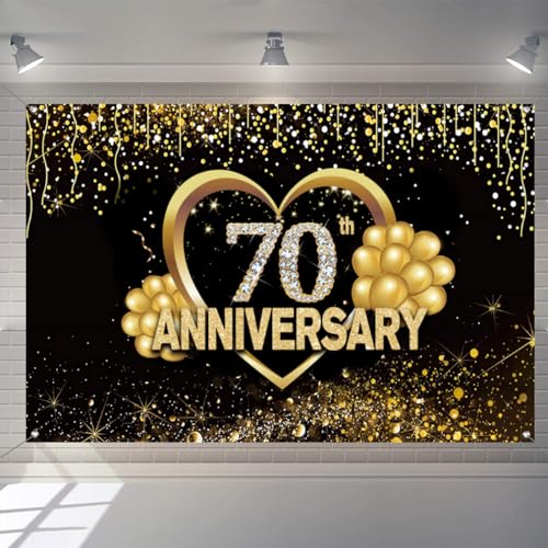 Gelukkige 70e verjaardag achtergrond decoraties, Gelukkig 70e verjaardag banner, 70e verjaardag feest poster accessoires stof board poster, zwart goud jubileum koeko foto achtergrond