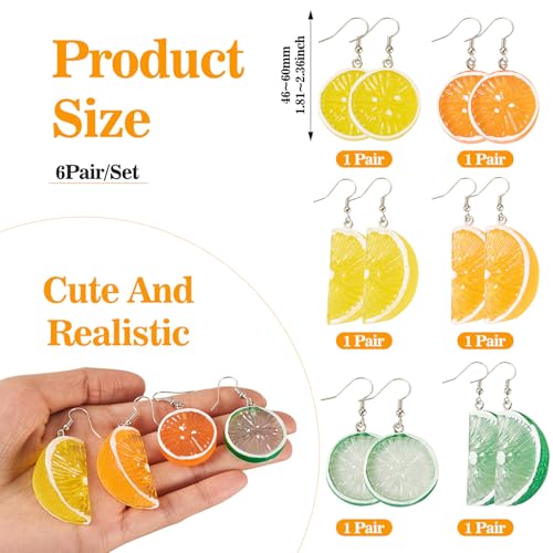 6 paar 3D Fruit oorbellen voor vrouwen Oranje citroen lime drop bengelen oorbel imitatie voedsel hars sieraden voor mode ambachtelijke verjaardag partij accessoire, 46-60mm lang, hars metaal, Geen edelsteen 5