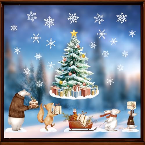 4 Vellen Kerstmis Window Stickers Aquarel Kerst scene Double Sided Snowflake Window Clings Herbruikbare Animal Glass Sticker voor Xmas Window Decor