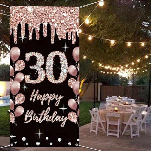 30e verjaardag decoratie voor vrouwen gelukkig 30e verjaardag poster deur banner zwart en rose stof teken muur / deur banner 30e verjaardag achtergrond banner vrouw verjaardag feest welkom teken 4
