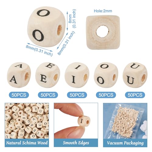 250 st Houten Letter Kralen 8mm Kubus A-E-I-O-U Houten Alfabet Spacer Kralen Horizontale Hole Houten Kralen Gedrukte Natuurlijke Houten Kralen voor DIY Sieraden maken antieke 4