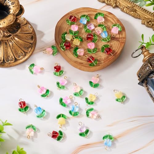 14 kleuren tulpen bloem bedeltjes 56 stuks Matte bloemvorm Glazen hangers Kleurrijke ondoorschijnende connector met lusjes voor oorbellen Vindt sieraden maken ambachten, glas