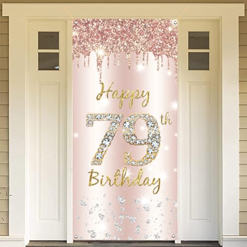79e verjaardag Decoratie Vrouwen, Gelukkig 79e verjaardag Deur Banner Rose Gold,79e Verjaardagsstof Gebarenposter deur decoratie,79e verjaardag achtergrond Banner Dames,Birthday Party Welkom Teken