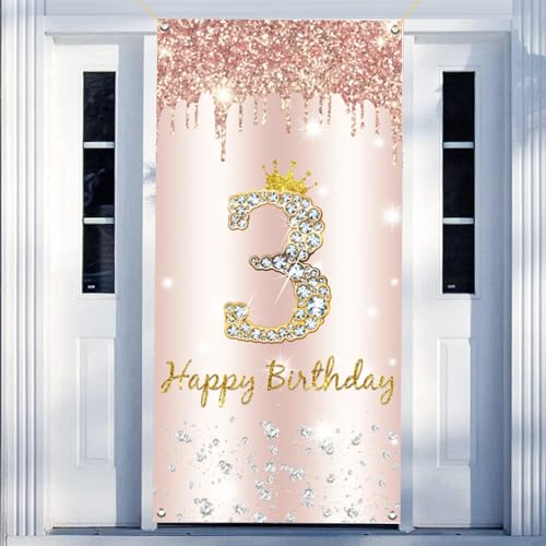 3rd Birthday Girl Decoration, Happy 3rd Birthday Deur Banner Rose Gold, 3rd Birthday Fabric Sign Poster Deur Decoratie, 3rd Birthday Achtergrond Banner, Birthday Party Welkom Sign