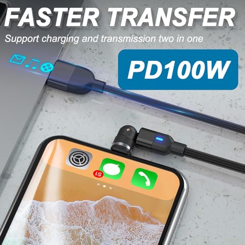 9-pins PD 100 W magnetische opplaadkabel, 540° draaibare Type-C naar Type-C magnetische telefoonkabel met LED-lampje, met 9-pins Type-C magnetische tips 5