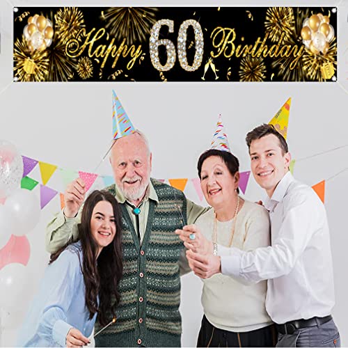 60e verjaardag decoratie tuin banner zwart en goud tuin decoratie banner stof teken 60e verjaardag feest welkom teken poster man en vrouwen 60 jaar oud partij benodigdheden 4
