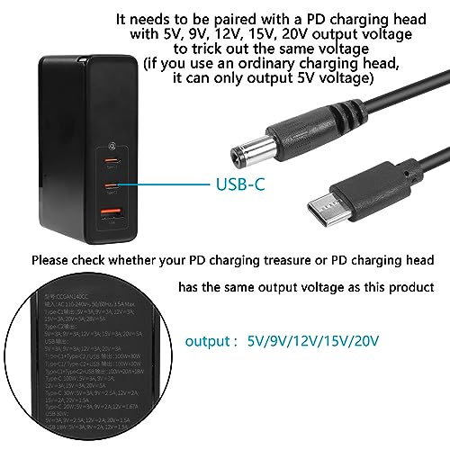 PD naar DC Adapter Kabel, 5V, 9V, 12V, 15V, 20V, verstelbare spanning, Typec Plug naar DC5521 Plug, Power Cord met 10 DC Conversion Heads, Geschikt voor Modem Router Notebooks