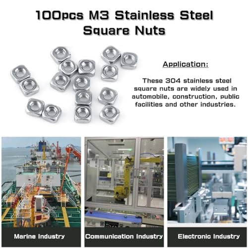 100st M3 DIN557 Metrische draad Vierkante Noten SS304 Roestvrij staal Vierkante Nut voor Machine Bevestiging, Zilver Kleur (M3(100/)) 5