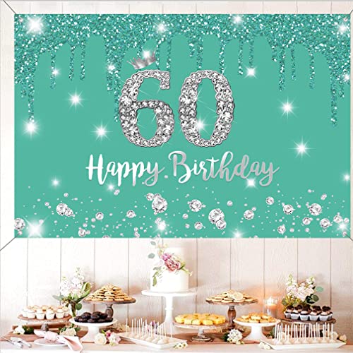 Happy 60th Birthday Achtergrond Banner Party Decoratie voor vrouwen, 60 jaar oude stof Tekenposter, Turquoise Fotografie Achtergrond 60th Birthday Party Supplies, 150x90cm 4
