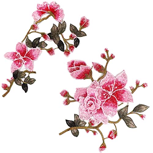 2 st. Borduurwerk Rose Flower Patches Floral Collar Naaien Patch Dress Hat Bag Jeans Applique Crafts DIY Kleding Accessoires-Roze