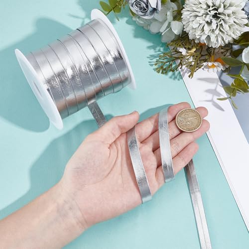 20 m kunstlederen band, 1 cm platte metalen lederen banden, glanzende leer, kanten afwerking voor kleding, naaien, knutselen, pakken, zilverleurig 3