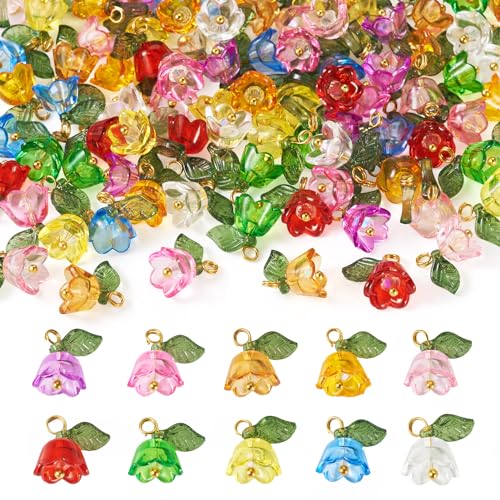 100 st Bloem Acryl Bedels Bloemen Blad Hangers Trompet Bell Flower Bangle Bedels met Bicone Glazen kralen voor DIY Ketting Oorbellen sieraden maken, Acryl
