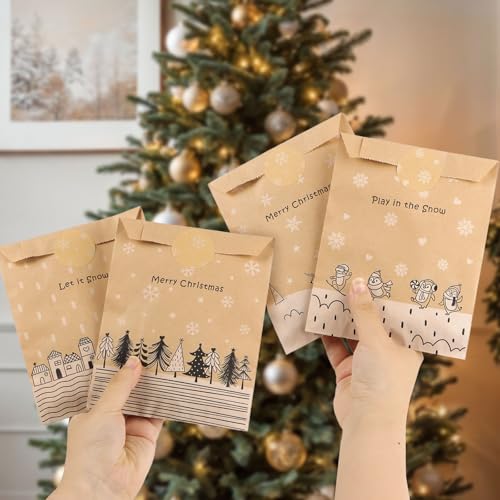 48 stuks kerstzakjes, adventskalender, Kerstmis, om te vullen, cadeauzakjes, Kerstmis, kraftpapier, stickers, etikken, Kerstmis, gastgeschenken voor snoep, geschenken (wit en zwart) 4