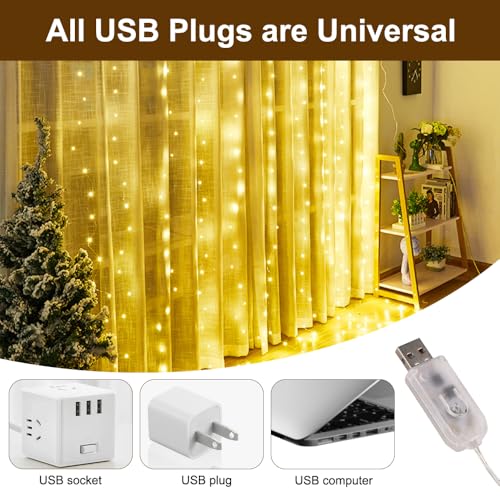 300 LED licht gordijn voor binnen en buiten gebruik met 10 haken, 3 x 3 m lichtmodi, buiten licht gordijn voor buiten, binnen en buiten, USB, waterdicht, warm wit, voor Kerstmis, raam, Party 3
