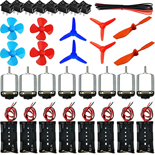 8 Set DC Mini Motoren, Elektrische Learning Set, Elektrisch, Rechthoekig, 1.5-3 V, 15000-16500 RPM, 8 x AA Batterijhouder, 8 x Schakelschakelaar, Mini Ventilator Blade