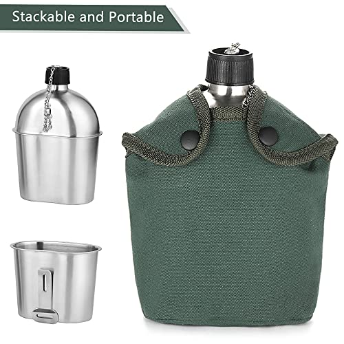 1000Ml, 600Ml Stainless Steel Military Canteen Cup Set met deksel zak, Inclusief Kantine en Beker, Duurzame Ketting Lid, voor Camping, Wandelen, Backpacking 4