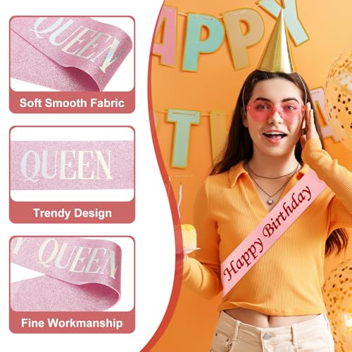 Verjaardag Meisjes Sash, Glitter Verjaardag Sash voor vrouwen Satin Queen Sash Party Decoraties met veiligheidsspeld voor feestgeschenken Favors, Roze fantasie 3