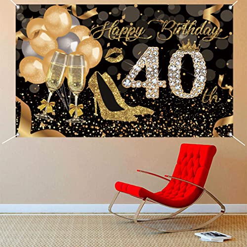 40e verjaardag decoratie verjaardag decoratie voor vrouwen / vrouwen, gelukkig 40e Verjaardag Banner Stof Tekenposter Foto Booth Achtergrond voor 40e verjaardag feest, ballon, hoge hakken en Champagne glas 3