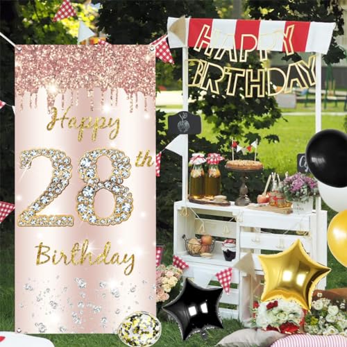28e verjaardag vrouwen decor, Gelukkig 28e verjaardag deur banner roos goud,28e verjaardag stof teken poster deur decoratie,28e verjaardag achtergrond banner vrouw, verjaardag feest welkom teken 4