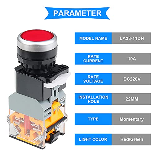 2Stuks 220V 22mm Momentaire drukknopschakelaar 10A 2 kleur (rood/groen) LA38-11DN 1NO 1NC LED-indicatorlichtschakelaar voor doe-het-zelf met 20st vorkterminal