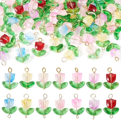 14 kleuren tulpen bloem bedeltjes 56 stuks Matte bloemvorm Glazen hangers Kleurrijke ondoorschijnende connector met lusjes voor oorbellen Vindt sieraden maken ambachten, glas