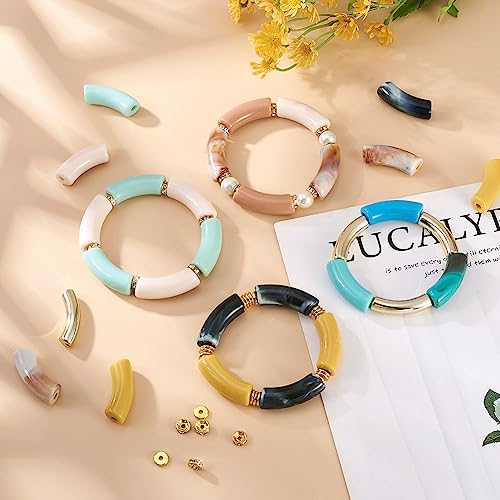 110PCS Bamboe Tube Armband Making Kit voor Vrouwen Vriendschap Gift Stapelen Armbanden Chunky gebogen acryl kralen Rhinestone kralen Metalen Spacers Elastische draad 3