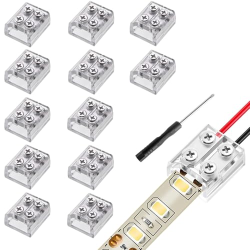 Pak van 12 LED Strip Connectors, 2-pins, 10 mm, 12 V, Transparant, Soldeervrij, Schroef, Terminal Block, 2-pins, 8 mm Connector met Schroevendraaier voor Plain 12 V en 24 V LED Strips