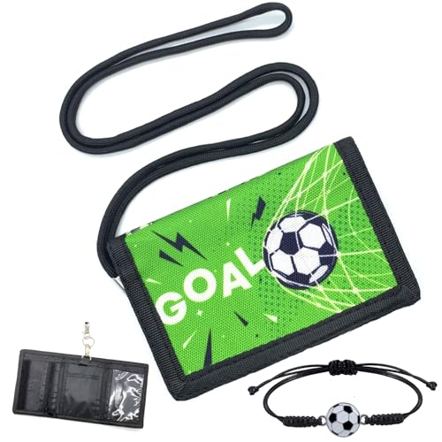 Kinderportemonnees voor jongens, Novelty Voetbal Neck Pouch Kids portemonnee met voetbal armband Trifold jongens portemonnee met munt zak kaart houders Lanyard Voetbal Cadeaus