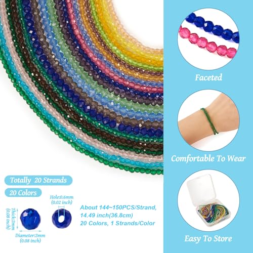 20 Strands glas gefacetteerde ronde kralen, 2mm kleine glazen zaad kralen, Transparant kristalglas, Losse kralen voor doe-het-zelf knutselen, armbanden en sieraden maken 3