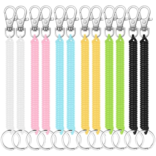 12 stuks Stretch Spiraalsleutelhanger, kleurrijke sleutelhanger Plastic sleutelhanger Intrekbare veren Keychains met lobster sluiting, Spring Key Holder voor school, werk, mobiel, Multicolour, S