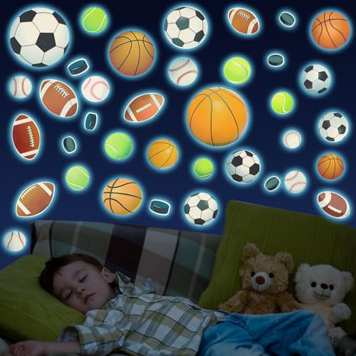 3Pcs Glow in the Dark Sports Stickers, Luminous Wall Stickers Sportballen Basketbal Basketbal Voetbal Rugby Wanddecoratie voor jongens Kamers Sportschool Party