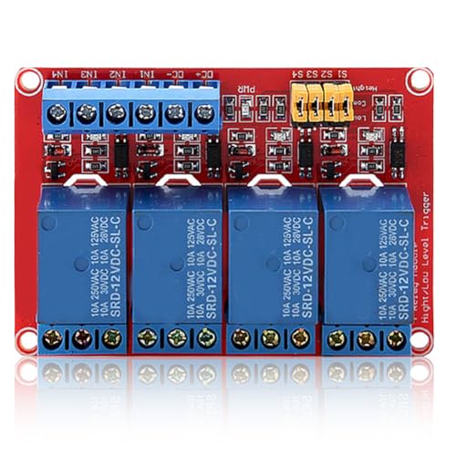 4 Channel Relay Module, 4 kanaal Relais Modulebord met Optocoupler Hoge en Lage Trigger Module voor 5V/12V/24V (12V) Relais
