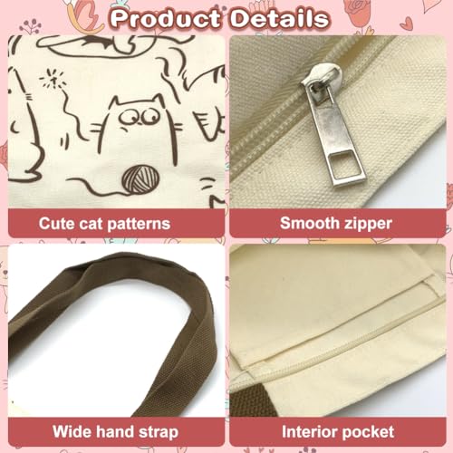 Tote Tassen voor vrouwen, Herbruikbare schattige grote kat Tote Bag Canvas Tote Bag met rits en Pockets Canvas Shopping Bag, met Mesh Bag Gifts voor Cat Lovers voor 5