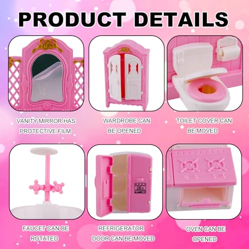 32 st. Miniatuur Poppenhuis Meubilair Accessoires Set, schaal 1:12 Mini Huis Meubilair Cadeau Kleine slaapkamer Woonkamer Badkamer Keuken Mini Scene Role Speelgoed voor kinderen meisjes (Roze) 5