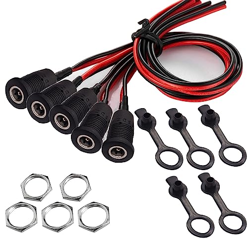 5 st DC Power Jack Socket 5.5 X 2.5mm, 12V 10A Holle Plug DC Bushing Panel Montage Kit, Low Spanning Connectors 5.5MMX 2.5mm(met Kabel 15cm) + 5 x Rubber Beschermende Ventielen
