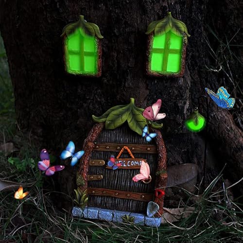 Fairy Deur & Window Set, Glow window Deur Decoratie voor Boom Glow in the Dark Hars Miniatuur Fairy Tuin Gazon Ornament Art Sculptuur Outdoor Decoratie 5